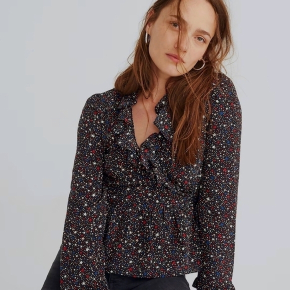 MADEWELL SIZE XS SILK RUFFLE HEM WRAP TOP STARS NIGHT BLOUSE 4TH OF JULY SUMMER - Picture 1 of 16